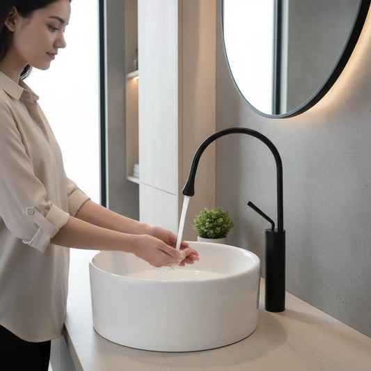 Mitigeur Lavabo Noir Mat | Robinet Bec Haut pour Vasque à Poser - Design Minimaliste