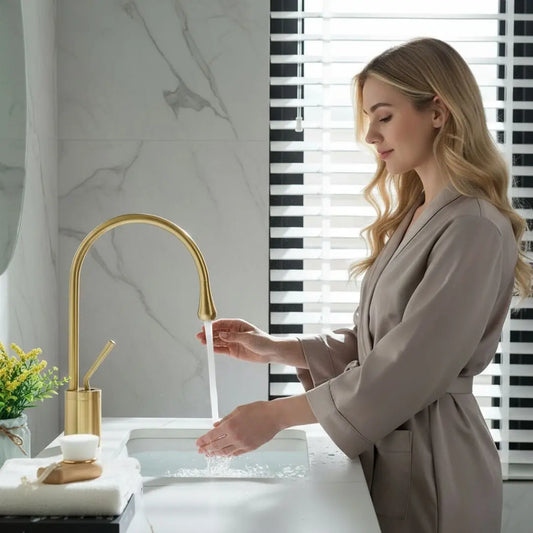 Robinet design or mat luxueux | Mitigeur lavabo moderne pour salle de bain – Finition dorée anti-corrosion