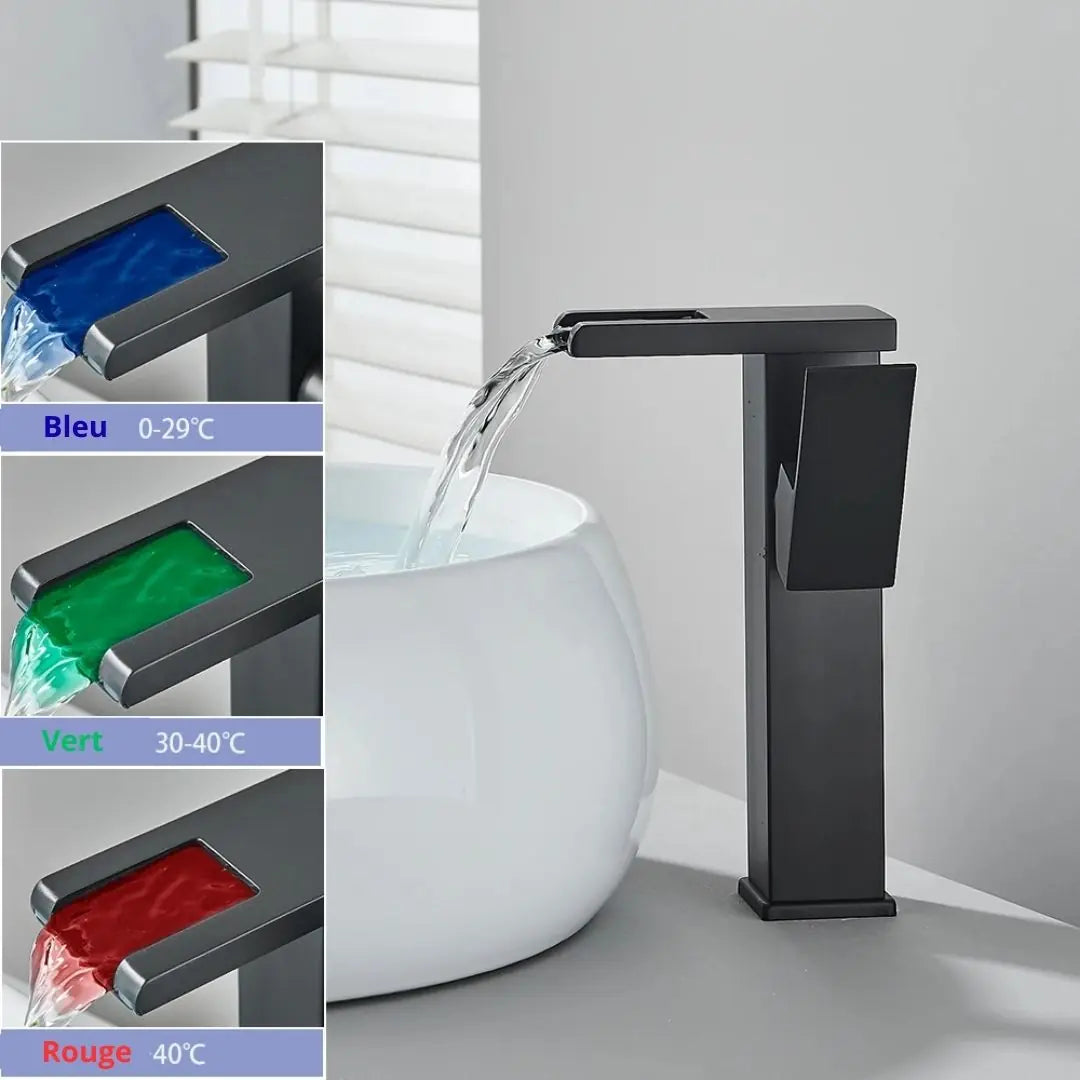 Mitigeur Lavabo Cascade LED Noir Mat – L'Eau qui Te Parle en Couleurs et en Chiffres