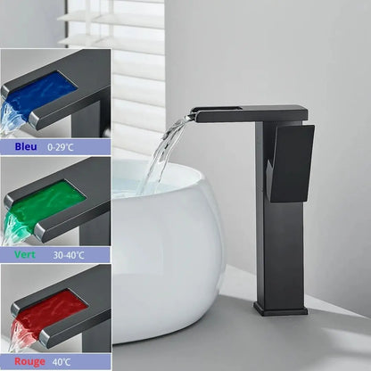 Mitigeur Lavabo Cascade LED Noir Mat – L'Eau qui Te Parle en Couleurs et en Chiffres