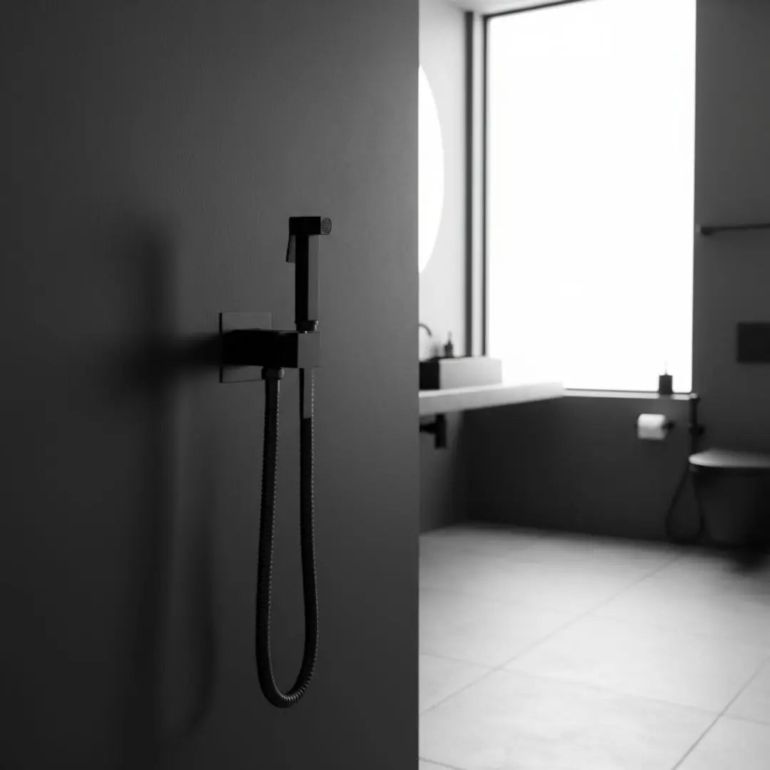 Kit WC Mitigeur et Tuyau Flexible Noir Mat Carré Laiton : Élégance et Précision pour Votre Salle de Bain